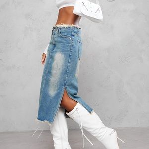 Vintage wash side split raw hem denim midi skirt